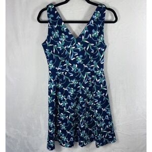 Draper James Navy Blue Green Floral V-Neck Fit & Flare Dress Size 6 DRW0426